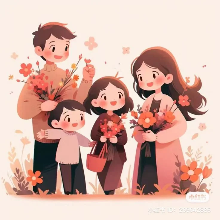 Hình ảnh chibi gia đình 4 người hạnh phúc - đi hái hoa