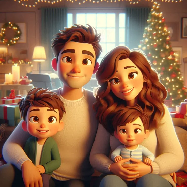 Hình ảnh chibi gia đình 4 người hạnh phúc - đón giáng sinh