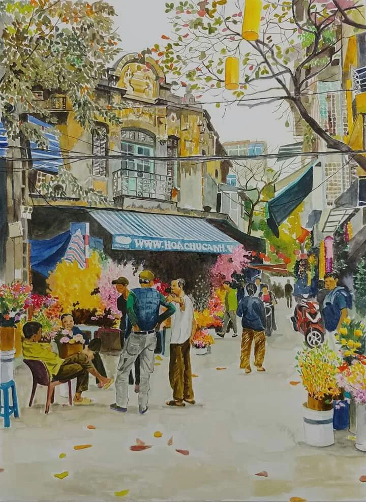 Tranh vẽ chợ quê buổi chiều