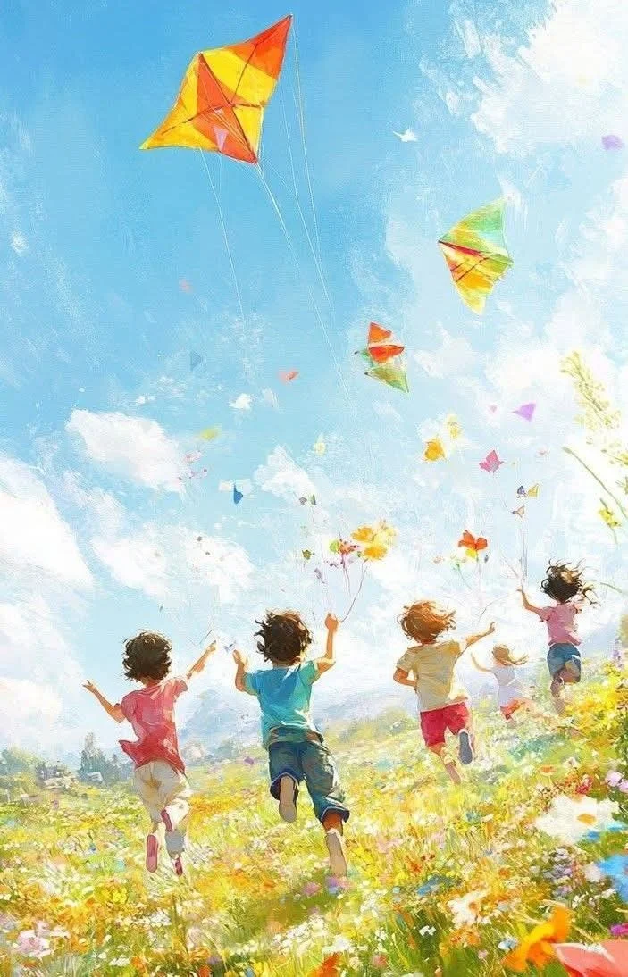 Tranh vẽ thả diều trên cánh đồng