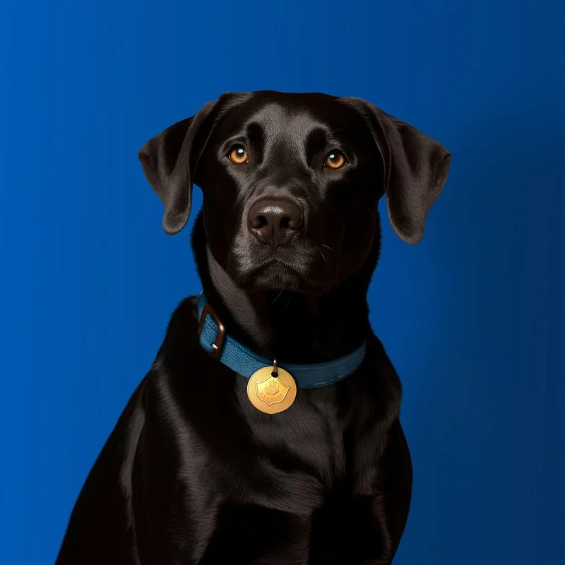 Chó Labrador đen đeo vòng cổ ngồi trên nền xanh
