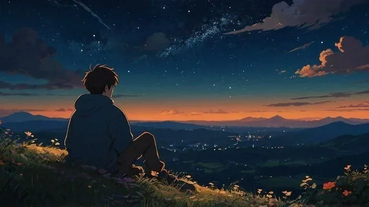 Ảnh nền máy tính phong cảnh anime với chàng trai ngồi trên đồi ngắm thành phố, núi non và bầu trời đầy sao lúc hoàng hôn
