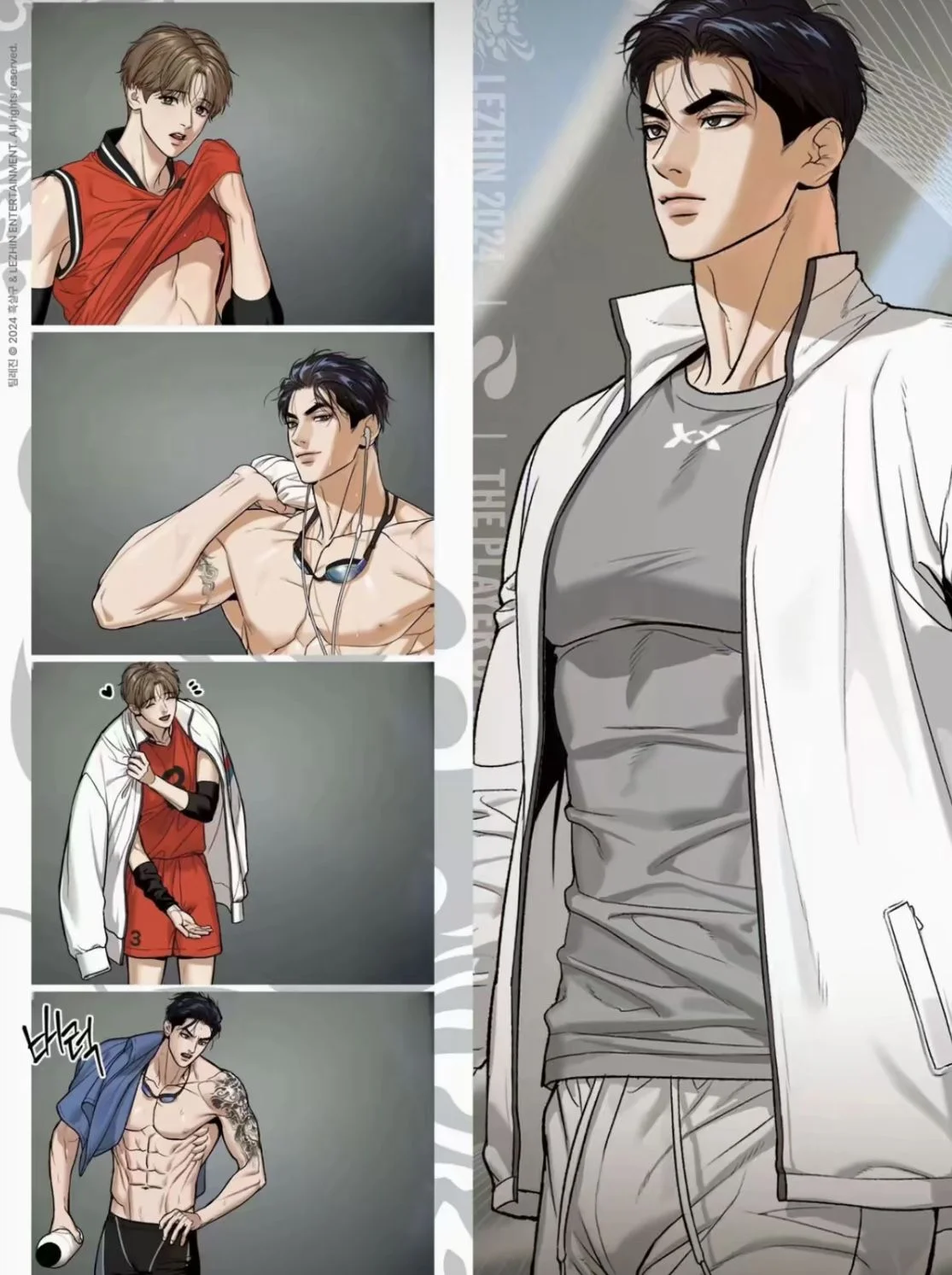 Chân dung nhân vật nam manhwa mặc áo khoác trắng phối áo thun xám