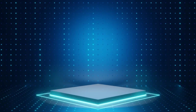 Hình ảnh nền đẹp cho powerpoint công nghệ màu xanh đen với sân khấu phát sáng và hạt ánh sáng lấp lánh