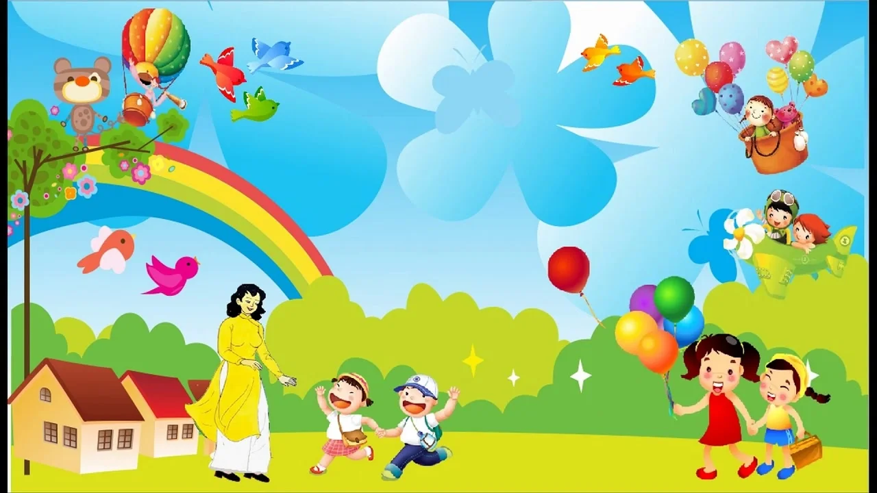 Nền PowerPoint 20/11 với cầu vồng bóng bay thầy cô và học sinh