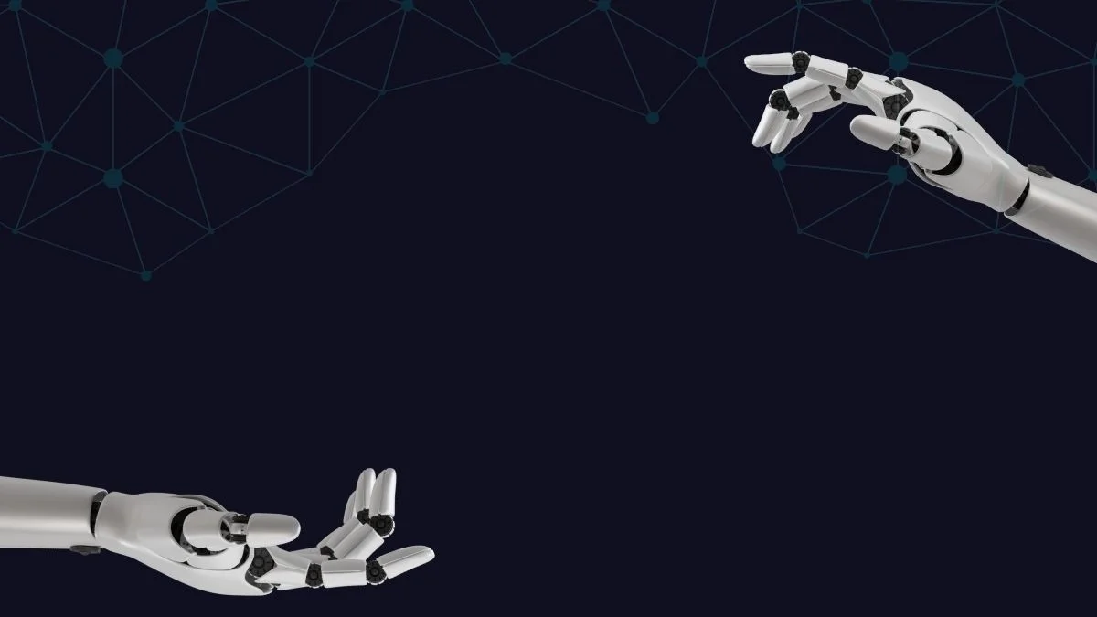 Nền navy hai tay robot chạm nhau cho powerpoint trí tuệ nhân tạo