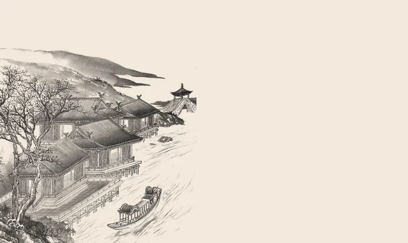 Tranh thủy mặc làng quê với nhà cổ, thuyền, cây và núi màu đen trắng trên nền be, hình ảnh nền đẹp cho powerpoint phong cách truyền thống