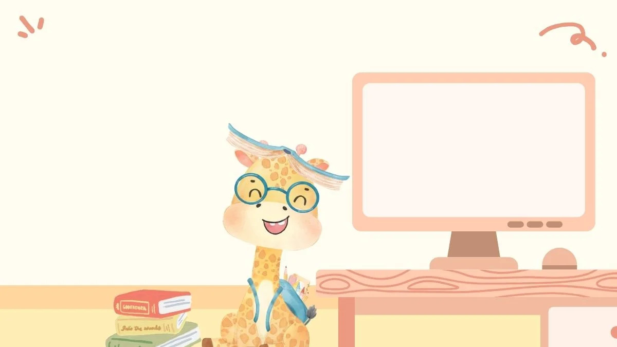 Hình ảnh nền đẹp cho powerpoint chú hươu cao cổ đeo kính học bài bên màn hình máy tính