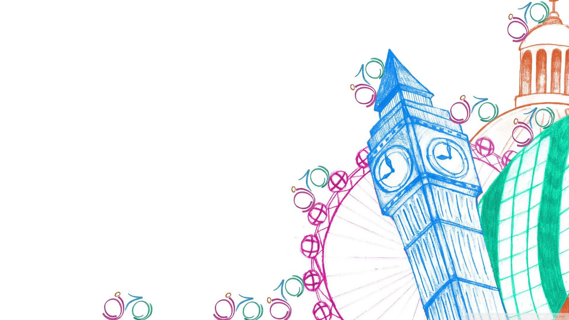 Nền slide trắng với tranh vẽ tay các danh thắng London như Big Ben, vòng quay London Eye màu sắc tươi sáng