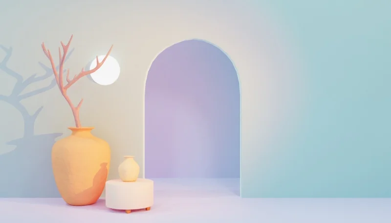 Nền PowerPoint 3D pastel với vòm cửa, bình gốm và mặt trời trăng trang trí