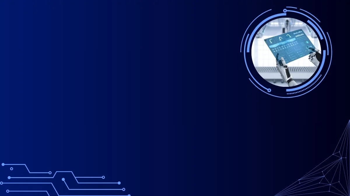 Hình nền đẹp cho PowerPoint tông xanh dương đậm với đường mạch kỹ thuật và vòng tròn công nghệ